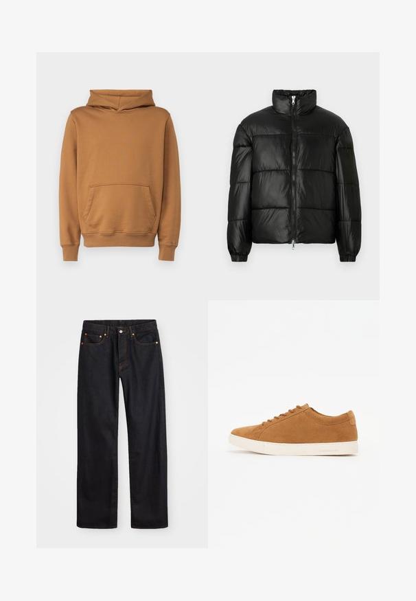 Čierna páperová bunda s vysokým golierom, predným zipsom, prešívaným dizajnom, elastickými manžetami a lesklým hladkým materiálom.; Hnedá mikina s kapucňou so predným vreckom, rebrovými manžetami a lemom, a s šnúrkou na kapucni. Vyrobená z mäkkej, textúrovanej tkaniny.; Pánske rovné čierne riflové nohavice s piatimi vreckami a oranžovým prešívaním, s gombíkom a zipsom na prednom páse.; Hnedé semišové tenisky s nízkym dizajnom, bielou gumovou podrážkou a okrúhlou špičkou. Obsahuje zladené šnúrky a minimálne značenie na päte.