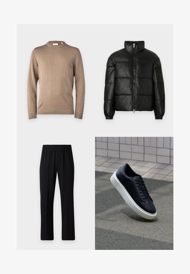 Giacca a vento nera con colletto alto, chiusura frontale con zip, design trapuntato, polsini elasticizzati e finitura in tessuto lucido e liscio.; Only & Sons ONSALEX CREW NECK - Maglione - desert taupe; Pantaloni neri con vita elasticizzata e design a gamba dritta, caratterizzati da una texture liscia e senza motivi o hardware visibili.; Sneaker in pelle nera con punta arrotondata e suola in gomma bianca. Presenta lacci piatti e cuciture minime sulla parte superiore. Suola testurizzata per una migliore aderenza.