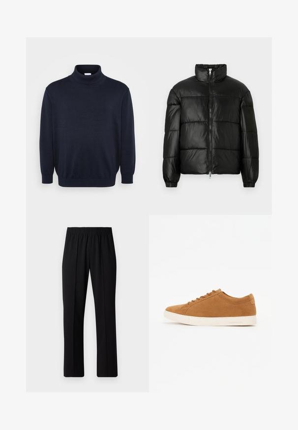 Chaqueta de pluma negra con un cuello alto, cierre frontal con cremallera, diseño acolchado, puños elásticos y acabado de tela brillante y suave.; Jack & Jones JJEBASIC ROLL NECK - Jersey de punto - navy; Pantalones negros con cintura elástica y diseño de pierna recta, con una textura suave y sin patrones o herrajes visibles.; Zapatillas de gamuza marrón con un diseño de caña baja, suela de goma blanca y punta redonda. Presentan cordones a juego y un logotipo mínimo en el talón.