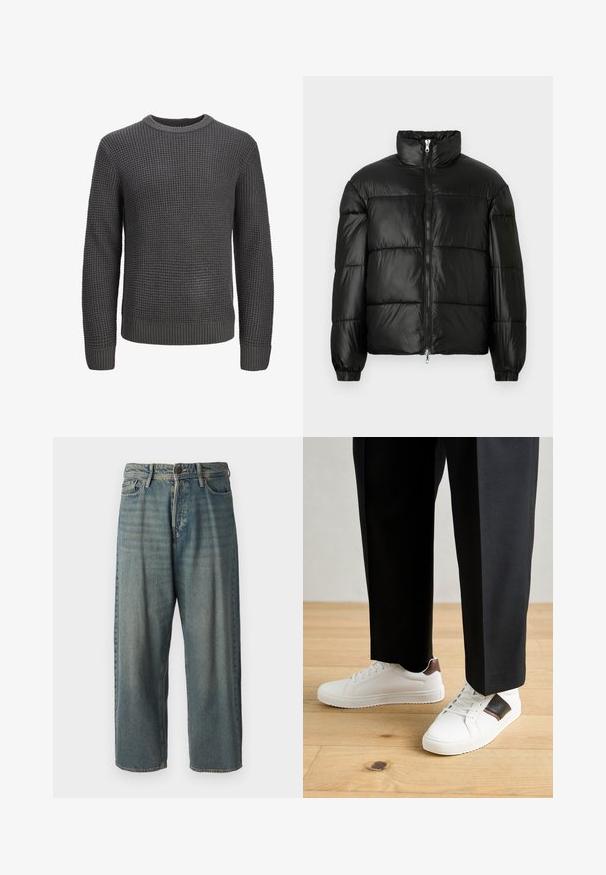 Black puffer jacket with a high collar, zip front closure, quilted design, elastic cuffs, and shiny, smooth fabric finish.; Gray knit sweater with a textured pattern, round neck, and ribbed cuffs and hem for a fitted appearance.; Light blue denim jeans with a loose fit, mid-rise waist, and straight legs. Features five pockets, belt loops, and a button closure.; White sneakers with smooth texture, featuring brown leather accents and black detailing, paired with black tailored pants. Wooden floor background.