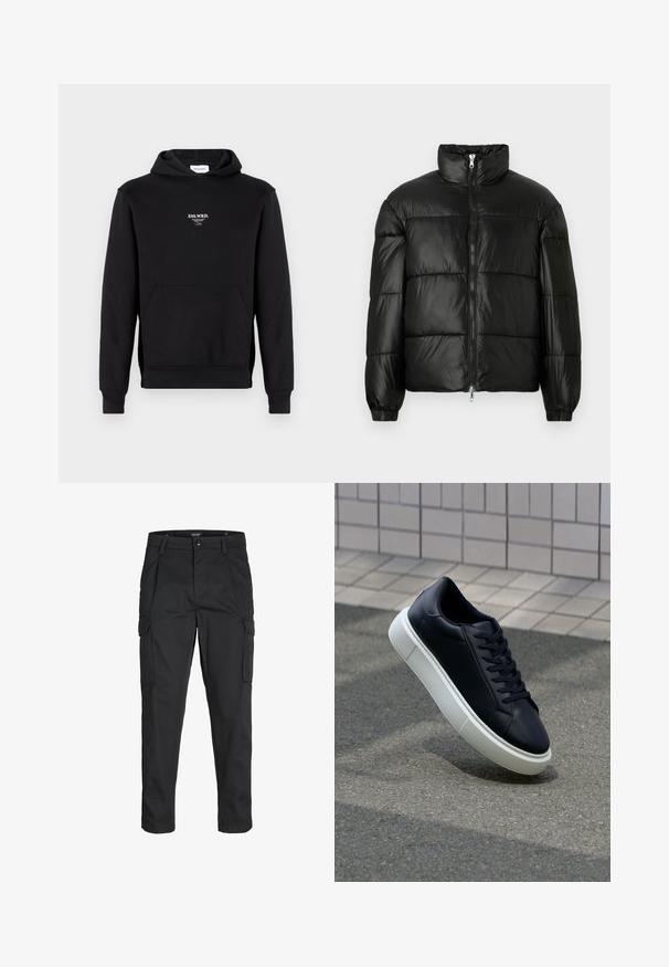 Fekete puffernadrág magas gallérral, cipzáras elülső záródással, steppelt kialakítással, elasztikus mandzsettákkal és fényes, sima szövetfelülettel.; Fekete kapucnis pulóver pamut keverékből, elülső zsebbel, bordázott mandzsettával és egy kis fehér hímzett logóval a mellkason.; Fekete cargo nadrág, amely tartós anyagból készült, több zsebet tartalmaz, gombos záródással rendelkezik, és karcsú szabású, szűkített lábakkal bír.; Fekete bőr sportcipő lekerekített orral és fehér gumitalppal. Lapos fűzőkkel és minimális varrásokkal rendelkezik a felsőrészén. Mintás talp a tapadásért.