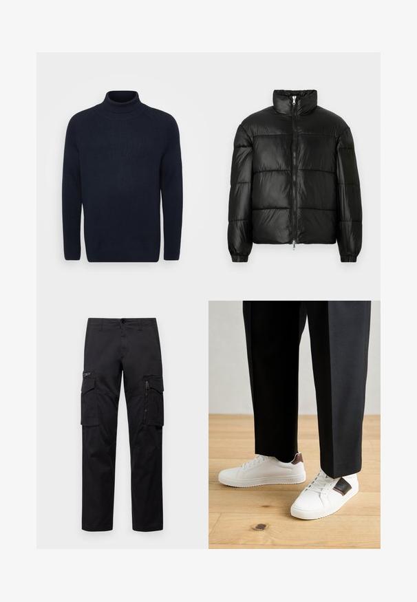 Schwarze Daunenjacke mit hohem Kragen, Reißverschluss vorne, gestepptem Design, elastischen Bündchen und glänzendem, glattem Stofffinish.; Jack & Jones JJPANNEL ROLL NECK - Strickpullover - navy; Schwarze Cargo-Hosen mit mehreren Taschen, einer Reißverschlusstasche am Oberschenkel, geradem Schnitt und strapazierfähigem Baumwollstoff mit leichtem Glanz.; Weiße Sneakers mit glatter Textur, versehen mit braunen Lederakzenten und schwarzen Details, kombiniert mit schwarzen maßgeschneiderten Hosen. Hintergrund aus Holzboden.