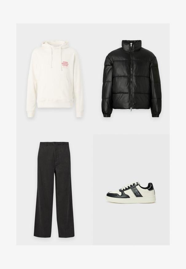 Svart pufferjakke med høy krage, glidelås foran, quiltet design, elastiske mansjetter og blank, glatt stofffinish.; Hvit hettegenser laget av mykt stoff med en frontlomme, med en rød påtrykt etikett som står "STUDIO ORIGINALS EDITION." Justerbar hette.; Sorte kordfløyelsbukser med vid design, med vertikal ribbet tekstur, glidelås med knappelukking, og frontlommer.; Lædersneakers med sort og creme farveskema, der har perforerede detaljer, en polstret krave og en struktureret ydersål.