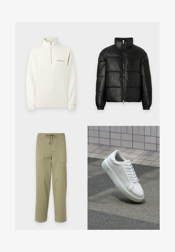 Casaco puffer preto com gola alta, fecho frontal em zíper, design acolchoado, punhos elásticos e acabamento de tecido brilhante e suave.; Sweatshirt de cor creme claro com colarinho de meia zíper, apresentando texto bordado no peito. Design simples e limpo sobre um fundo plain.; Calças verde-oliva claras feitas de um tecido de algodão misto, com um cós elástico com cordão e dois bolsos laterais grandes.; Tênis de couro branco com superfície lisa, bico redondo e cadarços brancos planos. Apresenta uma sola de borracha texturizada e elementos de design minimalistas.