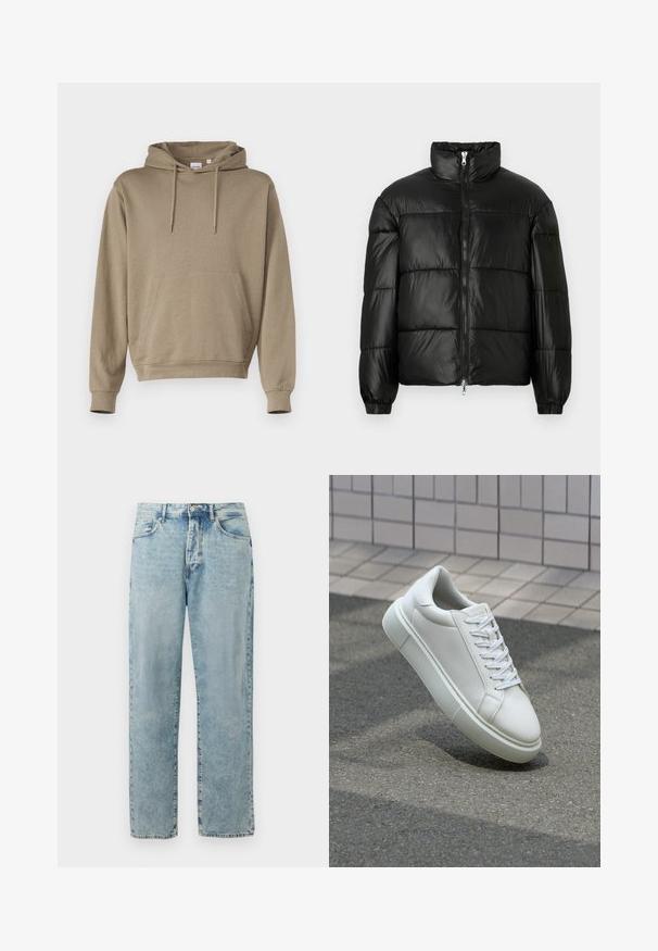 Fekete puffernadrág magas gallérral, cipzáras elülső záródással, steppelt kialakítással, elasztikus mandzsettákkal és fényes, sima szövetfelülettel.; Világosbarna anyagú kapucnis felső, elülső kenguruzsebbal, bordázott ujjakra és laza szabású dizájnra jellemző.; Világoskék, egyenes szárú farmernadrág gombos és cipzáros záródással, elülső zsebekkel és finom fakulási részletekkel.; Fehér bőr sportcipő sima felülettel, kerek orral és lapos fehér fűzőkkel. Texturált gumitalppal és minimális dizájnelemekkel rendelkezik.