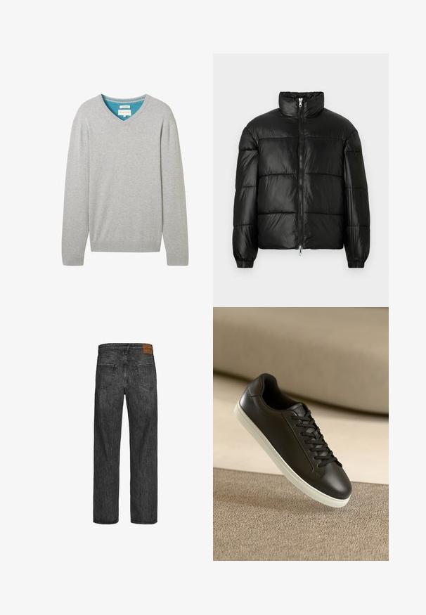 Zwarte pufferjack met een hoge kraag, ritsvoorzijde, gestikt ontwerp, elastische manchetten en een glanzende, gladde stofafwerking.; Grijze lange mouwen trui met V-hals, gemaakt van katoen. Heeft een contrasterende blauwe binnenhals. Geribbelde boorden en zoom.; Zwarte denim jeans met een recht model, vijf zakken en een leren patch in bruin bij de tailleband. Gestructureerde stof met stikdetails.; Zwarte leren sneakers met een witte rubberen zool en zwarte veters, gepositioneerd tegen een beige stoffen oppervlak en achtergrond.