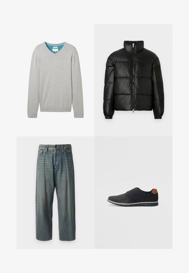 Schwarze Daunenjacke mit hohem Kragen, Reißverschluss vorne, gestepptem Design, elastischen Bündchen und glänzendem, glattem Stofffinish.; Grauer Langarmpullover mit V-Ausschnitt, aus Baumwolle. Mit kontrastierendem blauen Innenkragen. Gerippte Bündchen und Saum.; Helle blaue Denim-Jeans mit lockerer Passform, mittelhoher Taille und geraden Beinen. Hat fünf Taschen, Gürtelschlaufen und einen Knopfverschluss.; Schwarze synthetische Schuhe mit einer strukturierten Oberseite, glatten Akzenten, braunem Absatz und einer kontrastierenden Sohle. Verfügt über minimale Schnürung und Nähdetails.