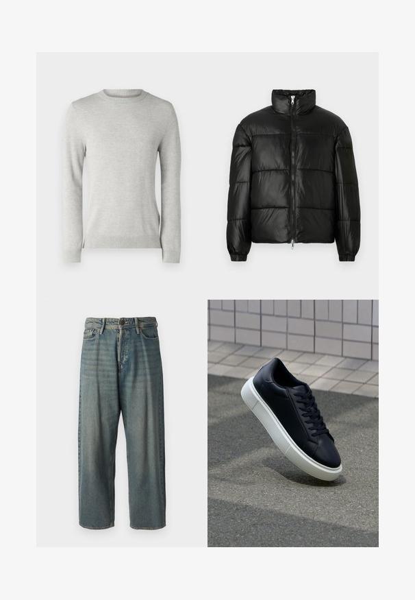 Casaco puffer preto com gola alta, fecho frontal em zíper, design acolchoado, punhos elásticos e acabamento de tecido brilhante e suave.; Sweater de malha cinza claro com decote redondo, mangas longas, padrão texturizado e punhos e barra canelados. Tecido suave e respirável.; Jeans de ganga azul claro com um corte solto, cintura média e pernas retas. Apresenta cinco bolsos, passadores de cinto e fecho com botão.; Sapatilha de couro preto com bico arredondado e sola de borracha branca. Apresenta atacadores planos e costuras mínimas na parte superior. Sola texturizada para melhor aderência.