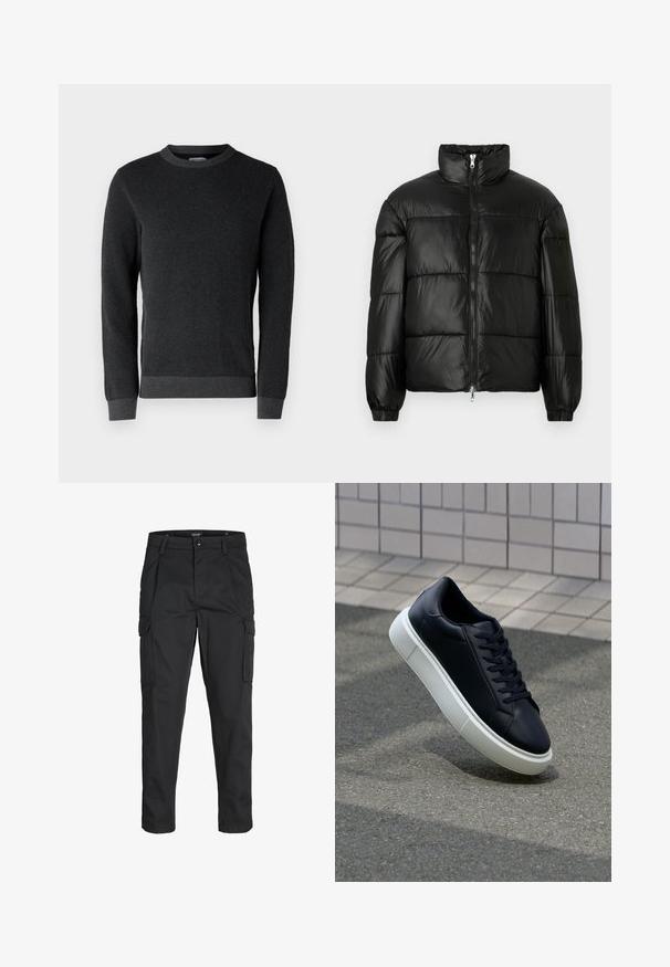 Fekete puffernadrág magas gallérral, cipzáras elülső záródással, steppelt kialakítással, elasztikus mandzsettákkal és fényes, sima szövetfelülettel.; Sötét szürke kötött pulóver, textúrált felszínen, kerek nyakkivágással, bordás mandzsettákkal és alsó részével. Hosszú ujjú, klasszikus szabású.; Fekete cargo nadrág, amely tartós anyagból készült, több zsebet tartalmaz, gombos záródással rendelkezik, és karcsú szabású, szűkített lábakkal bír.; Fekete bőr sportcipő lekerekített orral és fehér gumitalppal. Lapos fűzőkkel és minimális varrásokkal rendelkezik a felsőrészén. Mintás talp a tapadásért.