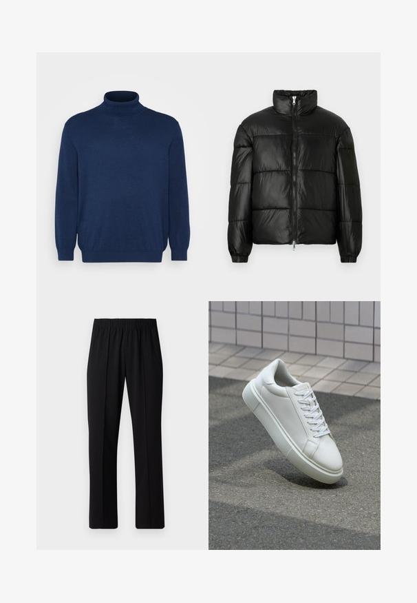Czarna kurtka puchowa z wysokim kołnierzem, zapięciem na zamek błyskawiczny z przodu, pikowanym wzorem, elastycznymi mankietami oraz błyszczącym, gładkim wykończeniem materiału.; Jack & Jones JJEEMIL granatowy; Czarne spodnie z elastycznym pasem o prostym kroju, z gładką strukturą i bez widocznych wzorów czy elementów metalowych.; Białe skórzane trampki z gładką powierzchnią, okrągłym noskiem i płaskimi białymi sznurowadłami. Posiadają teksturowaną gumową podeszwę oraz minimalistyczne elementy projektowe.