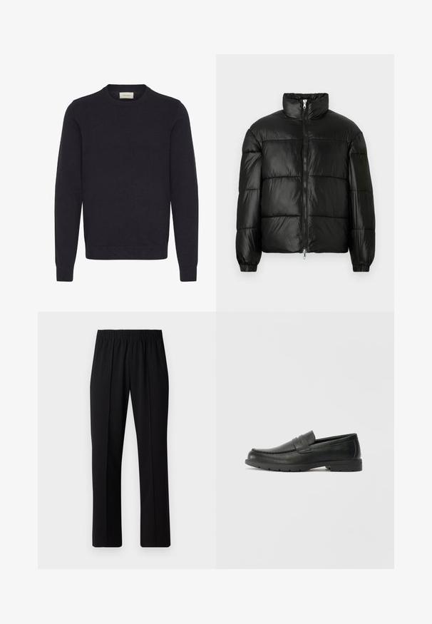 Fekete puffernadrág magas gallérral, cipzáras elülső záródással, steppelt kialakítással, elasztikus mandzsettákkal és fényes, sima szövetfelülettel.; Fekete kötött pulóver kerek nyakkivágással, hosszú ujjakkal, bordás mandzsettákkal és aljjal. Sima textúra, látható minták vagy díszítések nélkül.; Fekete, gumíros derekú nadrág egyenes szabással, sima felülettel, látható minták vagy fémrészek nélkül.; Fekete bőr mokaszinok sima felülettel, a mokaszin stílusú felsőrésszel, varrott részletezéssel és gumitalppal. Klasszikus dizájn alacsony sarokkal.