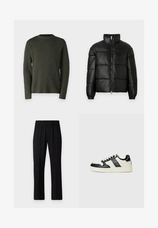 Svart pufferjakke med høy krage, glidelås foran, quiltet design, elastiske mansjetter og blank, glatt stofffinish.; Mørkegrønn genser i myk strikket stoff. Rund halsutskjæring, lange ermer og en avslappet passform med en jevn tekstur.; Svart, elastisk midjebukser med rett ben-design, med en glatt tekstur og uten synlige mønstre eller maskinvare.; Lædersneakers med sort og creme farveskema, der har perforerede detaljer, en polstret krave og en struktureret ydersål.
