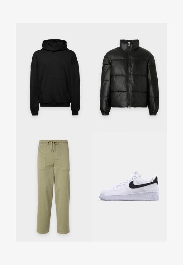 Casaco puffer preto com gola alta, fecho frontal em zíper, design acolchoado, punhos elásticos e acabamento de tecido brilhante e suave.; Sweatshirt preto feito de uma mistura de algodão, com um grande bolso frontal, punhos canelados e capuz com cordão. Design simples e sem adornos.; Calças verde-oliva claras feitas de um tecido de algodão misto, com um cós elástico com cordão e dois bolsos laterais grandes.; Sapatilha branca de couro com um Swoosh preto texturizado, atacadores planos e uma sola de borracha com um padrão estriado. "AIR" está gravado no calcanhar.