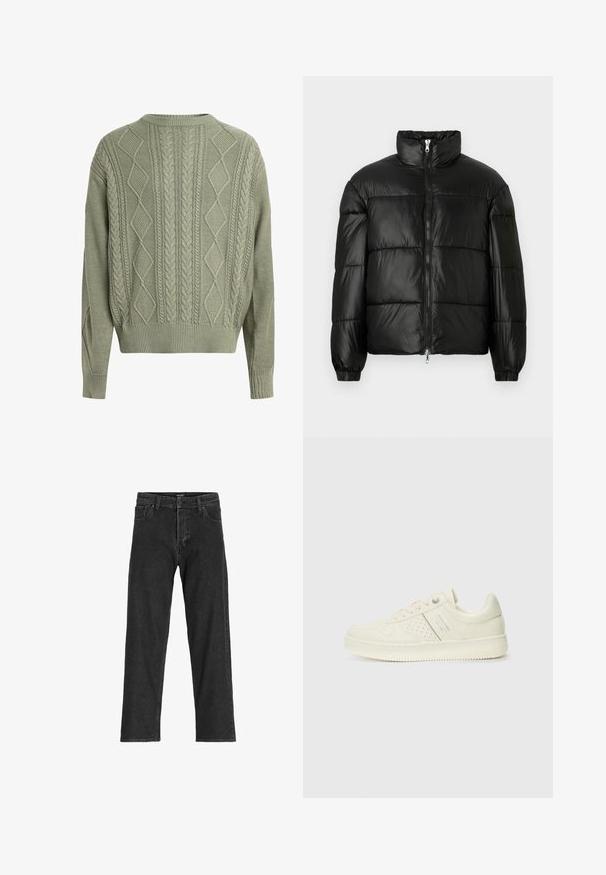 Schwarze Daunenjacke mit hohem Kragen, Reißverschluss vorne, gestepptem Design, elastischen Bündchen und glänzendem, glattem Stofffinish.; Grün gestrickter Pullover mit Rauten- und Zopfmuster, rundem Ausschnitt sowie Rippbündchen und -saum, aus einem strukturierten Strickmaterial.; Schwarze Jeans aus Denim mit geradem Bein, ausgestattet mit einem Reißverschluss, Gürtelschlaufen und sechs Taschen, gefertigt aus einem robusten Baumwollmischgewebe.; Cremefarbene Sneaker mit perforierten Details, Schnürsenkeln und Logo an der Seite, vor einem schlichten weißen Hintergrund präsentiert.