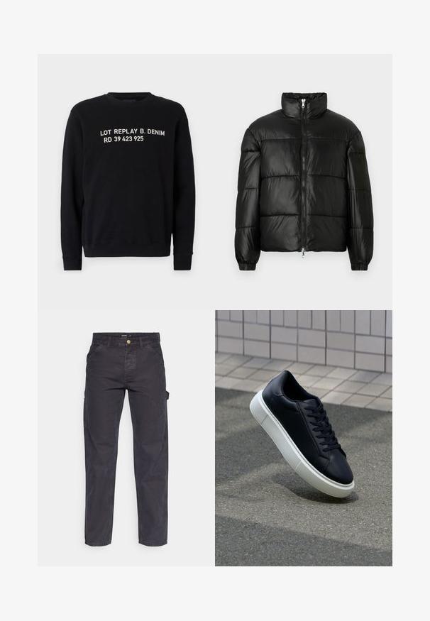 Chaqueta de pluma negra con un cuello alto, cierre frontal con cremallera, diseño acolchado, puños elásticos y acabado de tela brillante y suave.; Sudadera negra con cuello redondo, que presenta texto blanco que dice "LOT REPLAY B. DENIM RD 39 423 925" en el frente. Ajuste estándar.; Pantalones cargo de color gris oscuro, confeccionados con un tejido duradero, que presentan un corte recto, cinco bolsillos y un cierre de botón en la cintura.; Zapatilla de cuero negro con punta redonda y suela de goma blanca. Presenta cordones planos y un mínimo de costuras en la parte superior. Suela texturizada para proporcionar agarre.