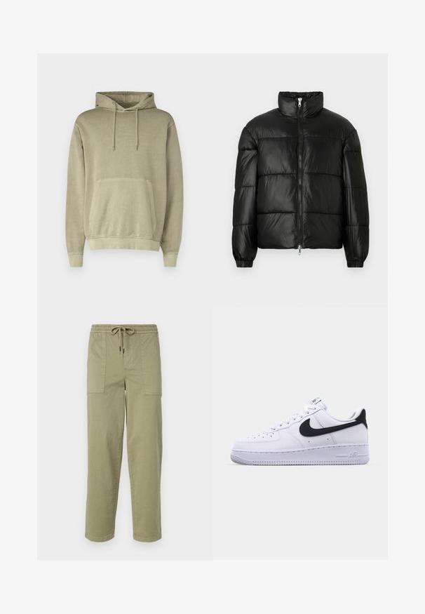 Black puffer jacket with a high collar, zip front closure, quilted design, elastic cuffs, and shiny, smooth fabric finish.; Khaki hoodie with a drawstring hood, kangaroo pocket, and ribbed cuffs. Made from soft fabric with a smooth texture.; Light olive green pants made of cotton blend fabric, featuring an elastic waistband with drawstring, and two large side pockets.; White leather sneaker with a textured black Swoosh, flat laces, and a rubber sole featuring a ridged pattern. "AIR" is embossed on the heel.