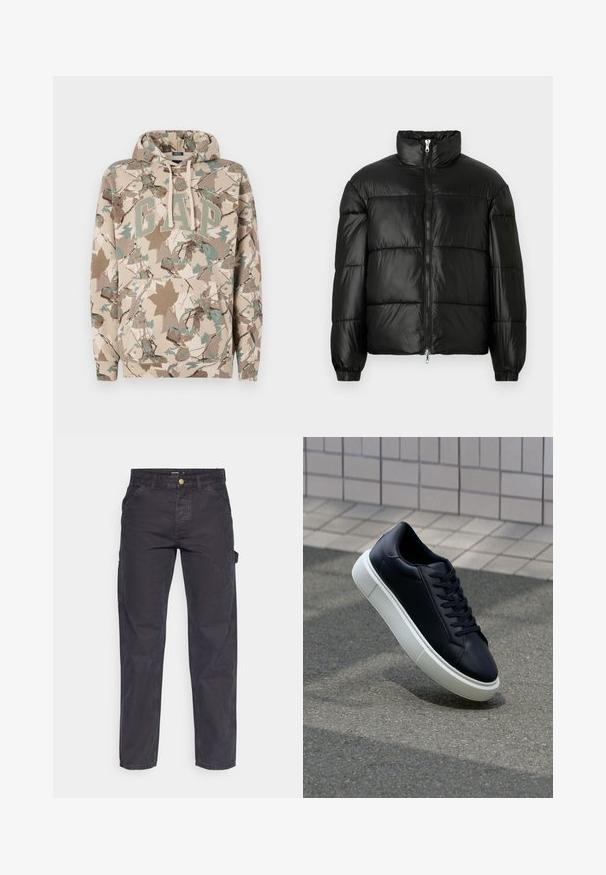 Schwarze Daunenjacke mit hohem Kragen, Reißverschluss vorne, gestepptem Design, elastischen Bündchen und glänzendem, glattem Stofffinish.; Beige Kapuzenpullover mit einem Camouflage-Blattmuster, versehen mit einem großen "GAP"-Logo in Grün und einer Fronttasche. Hergestellt aus weichem, strukturiertem Stoff.; Dunkelgraue Cargo-Hosen aus strapazierfähigem Stoff, mit geradem Bein, fünf Taschen und einem Knopfverschluss an der Taille.; Schwarze Leder-Sneaker mit runder Zehenpartie und weißer Gummisohle. Verfügt über flache Schnürsenkel und minimale Nähte im Obermaterial. Strukturiertes Sohlenprofil für besseren Halt.