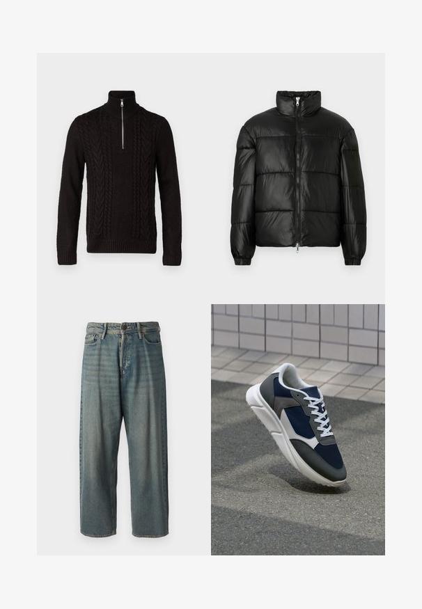 Melna pūkainā jaka ar augstu apkakli, rāvējslēdzēja priekšējo aizdari, quilted dizainu, elastīgām piedurknēm un spīdīgu, gludu auduma apdari.; Melnā adīta džemperis ar augstu apkakli un pusi rāvējslēdzēja. Ievērojamas strukturētas kabelīšu adīšanas formas un ribotas piedurknes un apakšmali.; Gaiši zili džinsi ar brīvu piegriezumu, vidējo jostas augstumu un taisnām kājām. Satur piecas kabatas, jostas cilpas un pogu aizdari.; Sporta apavi ar tumši zilas krāsas tīkla augšdaļu, pelēku zamšādas akcentiem, baltu gumijas zoli un plakaniem baltiem šņorēm, kas izstrādāti komfortam un elpojamībai.