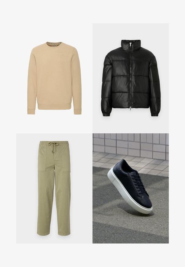 Svart puffjacka med hög krage, dragkedja fram, kviltat mönster, elastiska ärmslut och en blänkande, slät ytfinish.; Beige sweatshirt med rund hals, långa ärmar och en präglad logotyp på bröstet. Mjuk tyg med en slät textur och ribbade muddar.; Ljus olivgröna byxor i en bomullsblandning, med elastisk midja och dragsko, samt två stora sidofickor.; Svart lädersneaker med rundad tå och vit gummisula. Har platta snören och minimal sömnad på ovansidan. Texturerad sula för grepp.