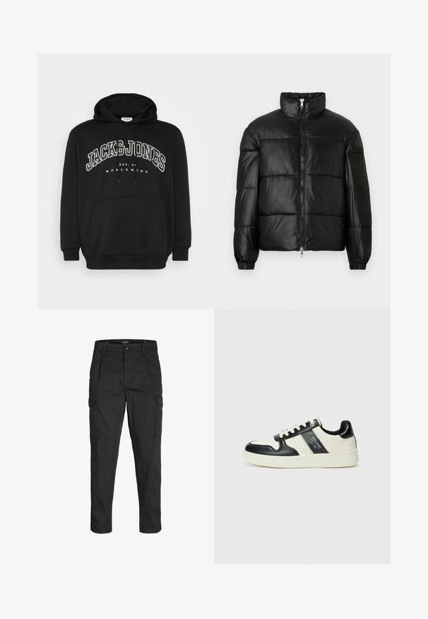 Schwarze Daunenjacke mit hohem Kragen, Reißverschluss vorne, gestepptem Design, elastischen Bündchen und glänzendem, glattem Stofffinish.; Schwarzer Kapuzenpullover aus Baumwollmischgewebe. Verfügt über eine vordere Kängurutasche, eine Kapuze mit Kordelzug und ein weiß gedrucktes Markenlogo auf der Brust.; Schwarze Cargo-Hose aus robustem Material, mit mehreren Taschen, einem Knopfverschluss und einem Slim-Fit-Design mit schmal zulaufenden Beinen.; Leder-Sneaker in Schwarz- und Cremetönen, mit perforierten Akzenten, einem gepolsterten Kragen und einer strukturierten Laufsohle.