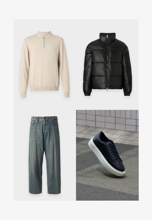 Casaco puffer preto com gola alta, fecho frontal em zíper, design acolchoado, punhos elásticos e acabamento de tecido brilhante e suave.; Pullover bege de mangas longas com gola e fecho de zip. Feito de material macio com punhos e bainha canelados.; Jeans de ganga azul claro com um corte solto, cintura média e pernas retas. Apresenta cinco bolsos, passadores de cinto e fecho com botão.; Sapatilha de couro preto com bico arredondado e sola de borracha branca. Apresenta atacadores planos e costuras mínimas na parte superior. Sola texturizada para melhor aderência.