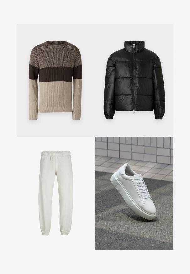 Black puffer jacket with a high collar, zip front closure, quilted design, elastic cuffs, and shiny, smooth fabric finish.; Knitted sweater featuring ribbed texture, color-blocked design with shades of beige and dark brown, round neckline, and long sleeves.; White sweatpants made from soft fabric, featuring an elastic waistband and cuffs, with a smooth texture and loose-fitting design.; White leather sneaker with a smooth surface, round toe, and flat white laces. Features a textured rubber sole and minimal design elements.
