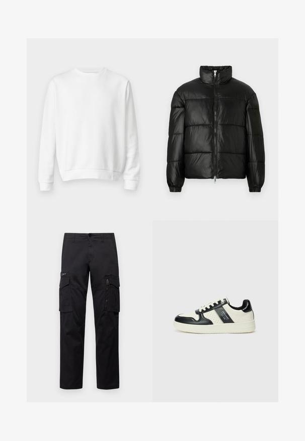 Black puffer jacket with a high collar, zip front closure, quilted design, elastic cuffs, and shiny, smooth fabric finish.; White crewneck sweatshirt made from soft cotton fabric. Long sleeves, ribbed cuffs and hem, smooth texture, and minimalistic design.; Black cargo pants featuring multiple pockets, a zippered pocket on thigh, straight fit, and sturdy cotton fabric with slight sheen.; Leather sneakers with a black and cream color scheme, featuring perforated accents, a padded collar, and a textured outsole.