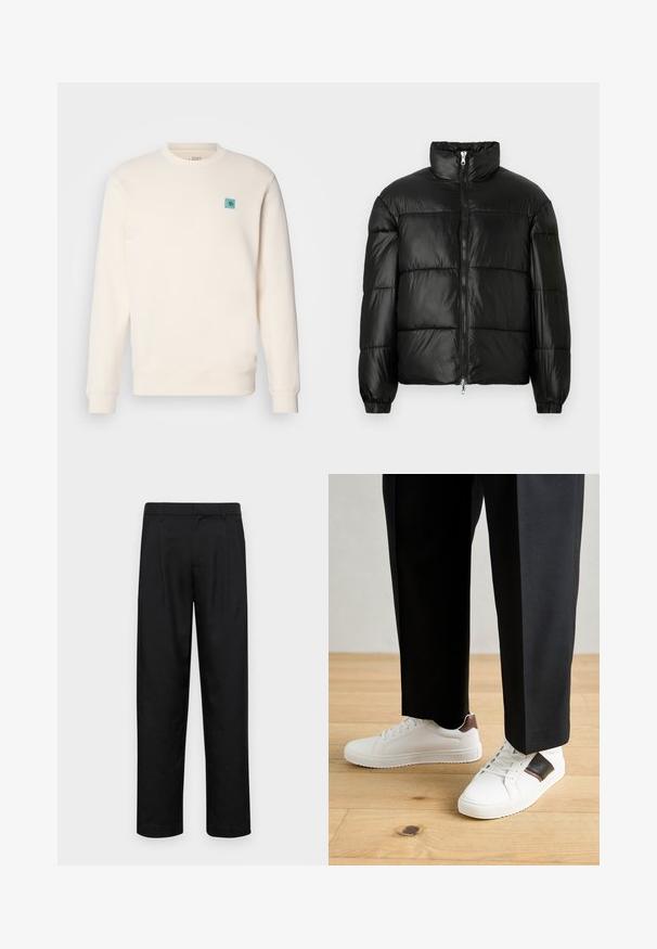 Zwarte pufferjack met een hoge kraag, ritsvoorzijde, gestikt ontwerp, elastische manchetten en een glanzende, gladde stofafwerking.; Crèmekleurige sweatshirt van zacht materiaal, met een ronde halslijn, ribbels aan de mouwen, een rechte onderzoom en een klein blauw embleem op de borst.; Zwarte broeken van gladde stof, met een recht model, twee voorknikken en een standaard tailleband met riemlussen.; Witte sneakers met een gladde textuur, voorzien van bruine lederen accenten en zwarte details, gecombineerd met zwarte maatpakken. Achtergrond van houten vloeren.