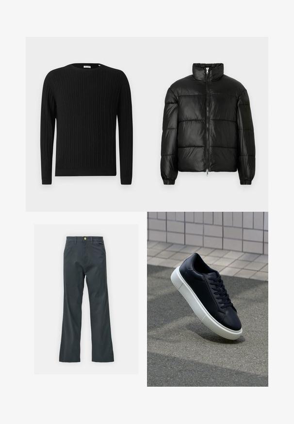 Casaco puffer preto com gola alta, fecho frontal em zíper, design acolchoado, punhos elásticos e acabamento de tecido brilhante e suave.; Pulôver preto de malha trançada com manga longa e decote redondo. Apresenta um padrão texturizado e punhos e bainha canelados.; Calças pretas com corte reto, feitas de um tecido em mistura de algodão. Apresenta um fecho com botão metálico e bolsos laterais. Sem padrões visíveis.; Sapatilha de couro preto com bico arredondado e sola de borracha branca. Apresenta atacadores planos e costuras mínimas na parte superior. Sola texturizada para melhor aderência.