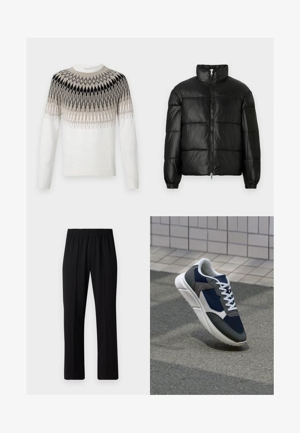 Melna pūkainā jaka ar augstu apkakli, rāvējslēdzēja priekšējo aizdari, quilted dizainu, elastīgām piedurknēm un spīdīgu, gludu auduma apdari.; Adīts džemperis baltā krāsā ar ģeometrisku rakstu melnā, pelēkā un bēša nokrāsā. Iekļauj apļa kakla izgriezumu un ribotas piedurknes un apakšmali.; Melni elastīgi bikses ar taisnas kājas dizainu, ar gludu tekstūru un bez redzamām zīmēm vai detaļām.; Sporta apavi ar tumši zilas krāsas tīkla augšdaļu, pelēku zamšādas akcentiem, baltu gumijas zoli un plakaniem baltiem šņorēm, kas izstrādāti komfortam un elpojamībai.