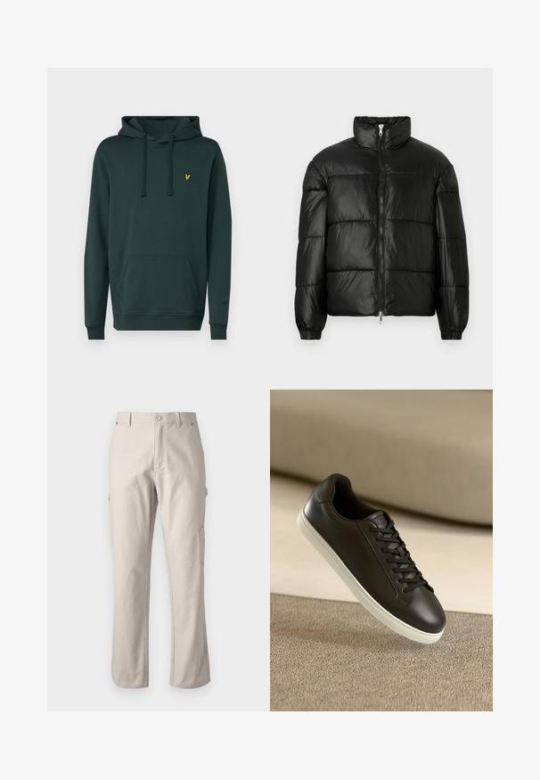 Giacca a vento nera con colletto alto, chiusura frontale con zip, design trapuntato, polsini elasticizzati e finitura in tessuto lucido e liscio.; Felpa verde scuro realizzata in morbido tessuto, dotata di tasca a marsupio e cordini regolabili, con un piccolo logo giallo sul petto.; Pantaloni cargo beige realizzati in cotone resistente con gambe dritte, chiusura frontale con bottone e tasche laterali per utility. Texture liscia con cuciture sottili.; Sneaker in pelle nera con suola in gomma bianca e lacci neri, posizionato su una superficie e sfondo in tessuto beige.