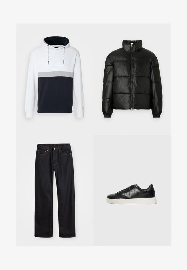 Geacă neagră din material puffy, cu guler înalt, închidere cu fermoar pe față, design matlasat, mansete elastice și finisaj din țesătură lucioasă și netedă.; Hanorac cu glugă, cu blocare de culoare albă, gri și bleumarin. Material moale din bumbac, cu glugă cu șnur și manșete ribunate.; Jeans negri din denim pentru bărbați, cu croială dreaptă, cinci buzunare și cusături portocalii, închidere cu nasture și fermoar pe talie.; Tenisi negri cu un exterior din piele texturată imitată crocodil, vârf rotund și o talpă din cauciuc alb contrastant, cu un finisaj neted.