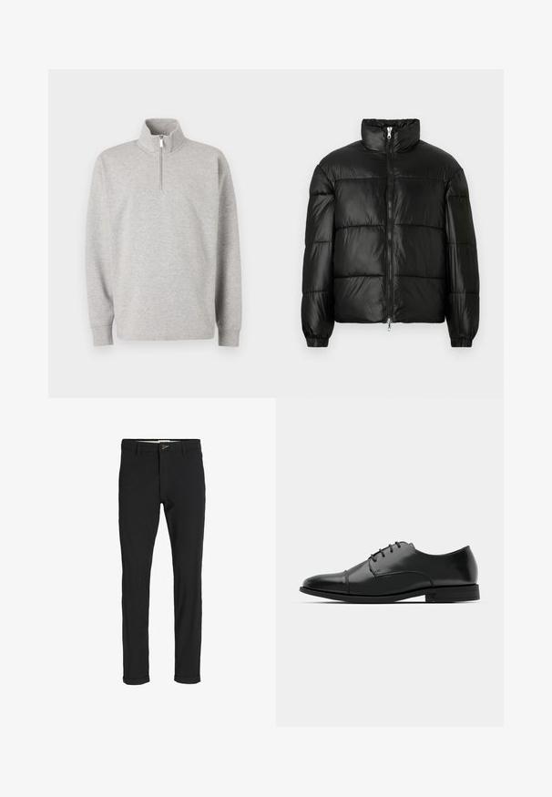 Giacca a vento nera con colletto alto, chiusura frontale con zip, design trapuntato, polsini elasticizzati e finitura in tessuto lucido e liscio.; Felpa grigia con colletto alto e chiusura a quarto di zip. Realizzata in tessuto morbido, presenta maniche lunghe e una vestibilità comoda.; Pantaloni neri in cotone misto con vestibilità slim, dotati di chiusura con bottone, tasche e orli arrotolati per un look informale.; Scarpa da uomo in pelle nera con punta rotonda, design con lacci, dettagli di cucitura discreti e tacco basso. Texture liscia con finitura lucida.