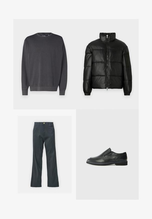 Casaco puffer preto com gola alta, fecho frontal em zíper, design acolchoado, punhos elásticos e acabamento de tecido brilhante e suave.; Sweatshirt cinza escuro com decote redondo, mangas longas e punhos e bainha canelados. Feito de um tecido macio e texturizado. Design simples, sem logótipos visíveis.; Calças pretas com corte reto, feitas de um tecido em mistura de algodão. Apresenta um fecho com botão metálico e bolsos laterais. Sem padrões visíveis.; Sapato slip-on preto em pele com um upper liso, acabamentos cosidos, bico arredondado e um salto de borracha baixo. A sola apresenta um padrão de aderência mínimo.