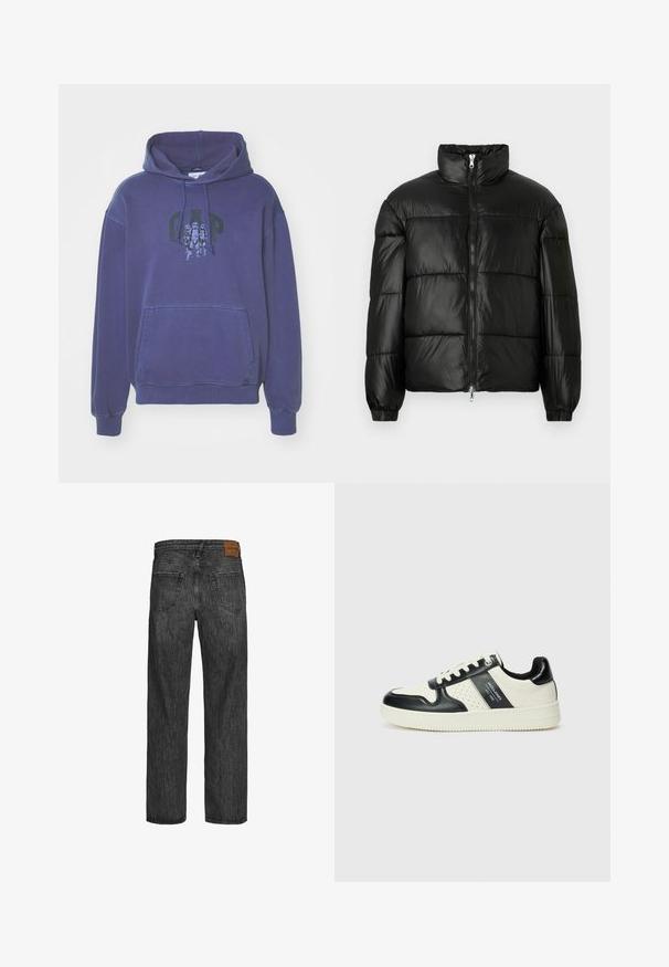 Chaqueta de pluma negra con un cuello alto, cierre frontal con cremallera, diseño acolchado, puños elásticos y acabado de tela brillante y suave.; GAP Jersey con capucha - dark blue; Jeans de mezclilla negra con un diseño de pierna recta, estilo de cinco bolsillos y un parche de cuero marrón en la cinturilla. Tejido texturizado con detalles de costura.; Zapatillas de cuero con un esquema de colores negro y crema, que cuentan con acentos perforados, un collar acolchado y una suela texturizada.