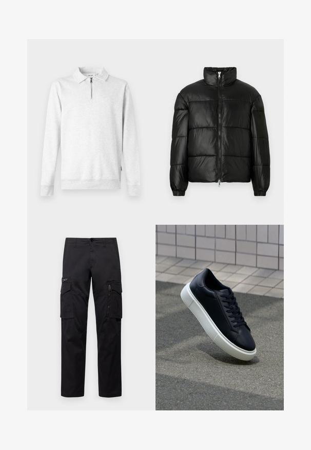 Must mustaga jakker, millel on kõrge krae, luku esikinnitus, tikanditud disain, elastsed mansetid ja läikiv, sile kangast viimistlus.; Heled hall sweatshirt, mille krae ja lukuga, pikkade varrukatega, ribaga mansettide ja äärega. Valmistatud pehmest, tekstureeritud kangast. Ilma mustrite või detailideta.; Mustad mustree püksid, millel on mitu taskut, lukuulukuga tasku reie peal, sirge lõige ja tugevast puuvillast materjal, millel on kerge läige.; Mustast nahast tennisetoss, millel on ümar nina ja valge kummist tall. Omab siredaid paelu ja minimaalset õmblemist ülemises osas. Tekstuuriga tald, mis tagab haakuvuse.