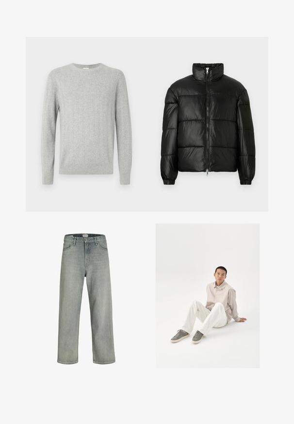 Fekete puffernadrág magas gallérral, cipzáras elülső záródással, steppelt kialakítással, elasztikus mandzsettákkal és fényes, sima szövetfelülettel.; Világosszürke, kötött pulóver bordás textúrával, kerek nyakkivágással és hosszú ujjakkal. Egyszerű dizájn, egyenes szegéllyel és tartós anyagból készült.; Világosszürke, laza szabású farmernadrág. Klasszikus öt zsebes dizájn, övhurkok és egyenes szárú fazon jellemzi.; Beige gombos ing, fehér nadrág és szürke sportcipő. Az ing laza fazonú, a sportcipő pedig textúrált felületű és fűzős kialakítású.