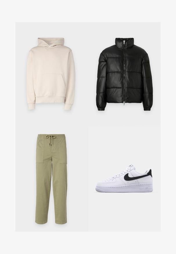 Black puffer jacket with a high collar, zip front closure, quilted design, elastic cuffs, and shiny, smooth fabric finish.; Beige hoodie made of soft fabric, featuring a front pouch pocket, ribbed cuffs, and a drawstring hood. Simple, unadorned design.; Light olive green pants made of cotton blend fabric, featuring an elastic waistband with drawstring, and two large side pockets.; White leather sneaker with a textured black Swoosh, flat laces, and a rubber sole featuring a ridged pattern. "AIR" is embossed on the heel.