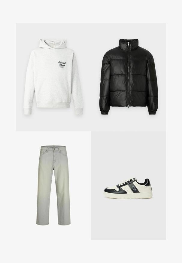 Fekete puffernadrág magas gallérral, cipzáras elülső záródással, steppelt kialakítással, elasztikus mandzsettákkal és fényes, sima szövetfelülettel.; Szürke kapucnis pulóver puha anyagból, elülső zsebbel, bordás mandzsettákkal és hímzett "Originals Studio" logóval a mellkason.; Világosszürke, egyenes szabású farmernadrág klasszikus öt zsebes dizájnnal, gombos záródással és övhurkokkal. Simább tapintású denim anyagból készült.; Fekete és krém színű bőrsneaker, perforált díszítésekkel, párnázott bokapánttal és texturált talppal.