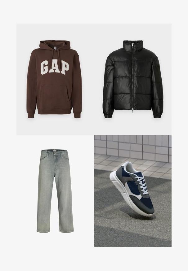 Črna pufasta jakna z visokim ovratnikom, z zadrgo spredaj, prešito zasnovo, elastičnimi manšetami in sijočim, gladkim zaključkom tkanine.; Rjava kapuca s »GAP« logotipom v beli barvi, z sprednjo žepom, vrvico za nastavljanje kapuce ter rebrastimi manšetami in robom. Mehka tekstura tkanine.; Svetlo sivi, široki traperice iz denima. Ima klasični dizajn s pet džepova, petlje za remen i ravno krojenje.; Superge z zgornjim delom iz mrežaste tkanine v mornarsko modri barvi, sivi usnjeni poudarki, belo gumijasto podplato in ravnimi belimi vezalkami, zasnovane za udobje in zračnost.