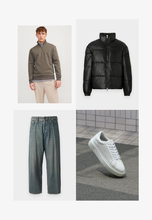 Svart pufferjakke med høy krage, glidelås foran, quiltet design, elastiske mansjetter og blank, glatt stofffinish.; Mørkegrønn quarter-zip hettegenser laget av mykt materiale, med lange ermer og ribbestrikkede mansjetter, lagt over en stripete skjorte og lyse bukser.; Lyseblå denimjeans med løs passform, midjehøyde og rette ben. Har fem lommer, beltehemper og knappelukking.; Hvit lær sneaker med glatt overflate, rund tå og flate hvite snøringer. Har en teksturert gummisåle og minimale design elementer.