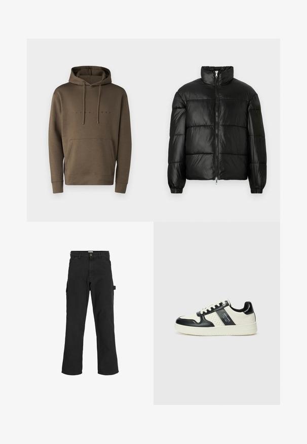 Giacca a vento nera con colletto alto, chiusura frontale con zip, design trapuntato, polsini elasticizzati e finitura in tessuto lucido e liscio.; Felpa con cappuccio marrone e lacci, tasca a marsupio anteriore e logo stampato in nero sul petto. Tessuto morbido.; Pantaloni cargo neri in tessuto misto cotone. Presentano gambe ampie, tasche anteriori oblique e una tasca laterale con un anello per accessori.; Sneakers in pelle con una combinazione di colori nero e crema, dotati di dettagli perforati, collare imbottito e suola testurizzata.