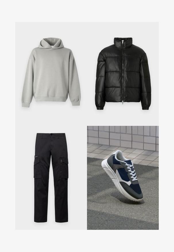 Mustat puffer-takki korkealla kauluksella, vetoketjukiinnitys edessä, tikattu malli, joustavat hihansuut ja kiiltävä, sileä kangasviimeistely.; Huppari vaaleanharmaana, rento malli, ylisuuri huppu, pitkät hihat sekä resorit hihansuissa ja helmassa. Sujuva kangas ilman kuvioita tai yksityiskohtia.; Mustat cargo-housut, joissa on useita taskuja, vetoketjullinen tasku reidellä, suora malli ja kestävä puuvillakangas, jossa on kevyt kiilto.; Kengät, joissa on tummansininen verkkopäällinen, harmaat mokka-yksityiskohdat, valkoinen kumipohja ja litteät valkoiset nauhat, suunniteltu mukavuutta ja hengittävyyttä varten.