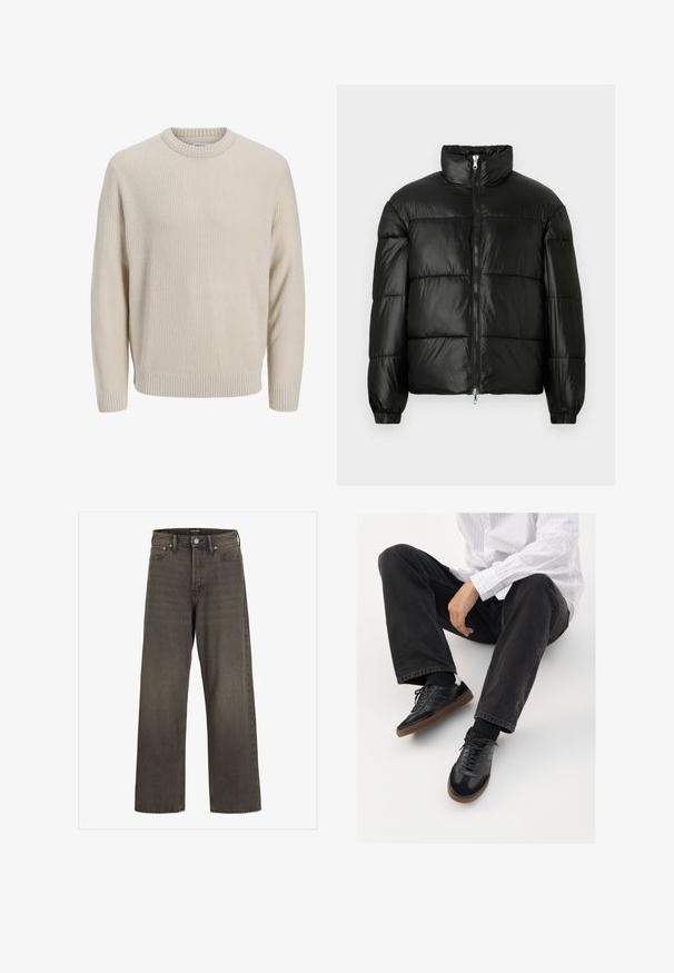 Geacă neagră din material puffy, cu guler înalt, închidere cu fermoar pe față, design matlasat, mansete elastice și finisaj din țesătură lucioasă și netedă.; Pulover tricotat de culoare bej deschis, cu un model texturat, guler rotund, manșete și tiv cu nervuri, și o croială lejeră.; Blugi cu picioare largi din denim gri închis, cu talie înaltă, design clasic cu cinci buzunare și cusături contrastante pe cusături.; Adidași negri cu un model neted și texturat, având o talpă din cauciuc și șireturi închise la culoare. Asortați cu blugi negri și o cămașă albă cu dungi.