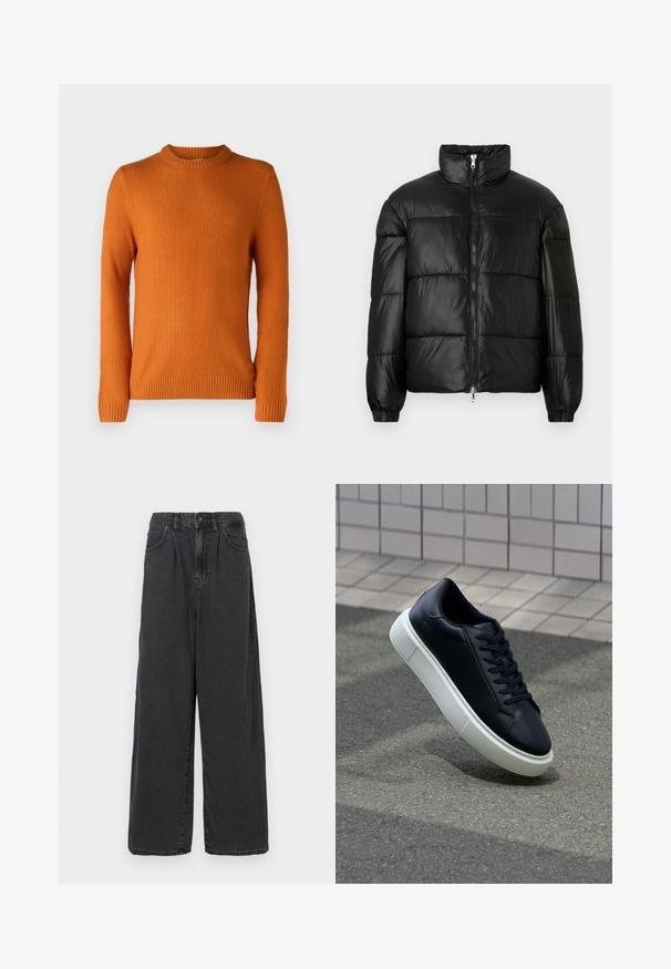 Casaco puffer preto com gola alta, fecho frontal em zíper, design acolchoado, punhos elásticos e acabamento de tecido brilhante e suave.; Jack & Jones JJROY KNIT CREW NECK - Camisola - marmalade; Calças de ganga pretas de perna larga e cintura alta, com fecho frontal de botão e zipper, apresentando bolsos laterais e uma textura suave.; Sapatilha de couro preto com bico arredondado e sola de borracha branca. Apresenta atacadores planos e costuras mínimas na parte superior. Sola texturizada para melhor aderência.