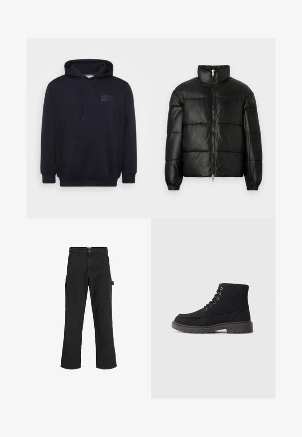 Melna pūkainā jaka ar augstu apkakli, rāvējslēdzēja priekšējo aizdari, quilted dizainu, elastīgām piedurknēm un spīdīgu, gludu auduma apdari.; Melna kapuce, izgatavota no kokvilnas maisījuma, ar priekšējo kangaru kabatu, sašujamu kapuci un smalku logotipa dizainu uz krūtīm.; Melnas cargo bikses no kokvilnas maisījuma auduma. Iekļauj plašas kājas, priekšējās slīpās kabatas un sānu kabatu ar cilpu aksesuāriem.; Melni potītes zābaki, izgatavoti no teksturēta materiāla, ar plakanu zoli, apaļu purngali un sešām acīm lace. Pastiprināta šuvju gar mala.