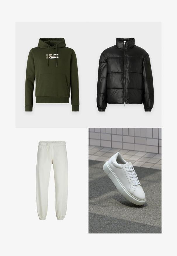 Melna pūkainā jaka ar augstu apkakli, rāvējslēdzēja priekšējo aizdari, quilted dizainu, elastīgām piedurknēm un spīdīgu, gludu auduma apdari.; Olīvu zaļš hoodie, kas izgatavots no mīkstas auduma, ar priekšējo kangaroo kabatu, ribinātām piedurknēm un auklām, kā arī ar baltu logo uz krūtīm.; Baltas treniņbikses, izgatavotas no mīkstas auduma, ar elastīgu jostu un piedurknēm, gluda tekstūra un brīva piegriezuma dizains.; Baltas ādas sporta apavi ar gludu virsmu, apaļu pirkstu un plakanām baltām šņorēm. Iezīmējas ar strukturētu gumijas zoli un minimālisma dizaina elementiem.