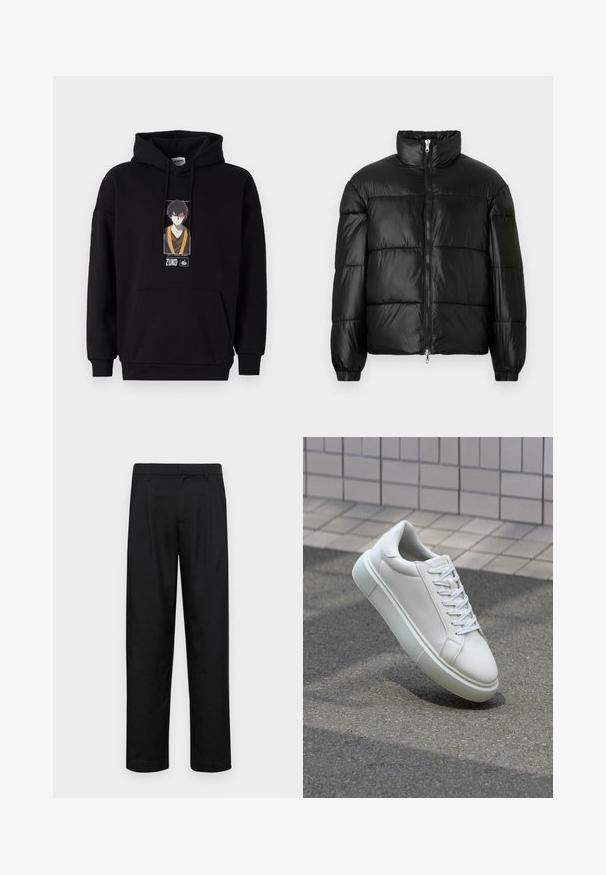 Juodas pūkinis švarkas su aukštu apykakle, užtrauktuko priekyje, siuvinėtu dizainu, elastingais rankogaliais ir blizgia, lygiąja audinio apdaila.; Juodas megztinis su priekine kengūros kišene, kuriame pavaizduota spaudinys su personažu. Medvilnės ir sintetinių pluoštų mišinys, su gūžomis rankogaliuose ir apatine dalyje.; Juodi kelnių modeliai, pagaminti iš lygios medžiagos, turi tiesią kojas, du priekiniai klostės ir standartinę juosmenį su diržo kilpomis.; Balti odiniai sportbačiai su lygiu paviršiumi, apvalia nosimi ir plokščiomis baltomis raištelėmis. Yra tekstūruotas gumos padas ir minimalizmas dizaino elementuose.