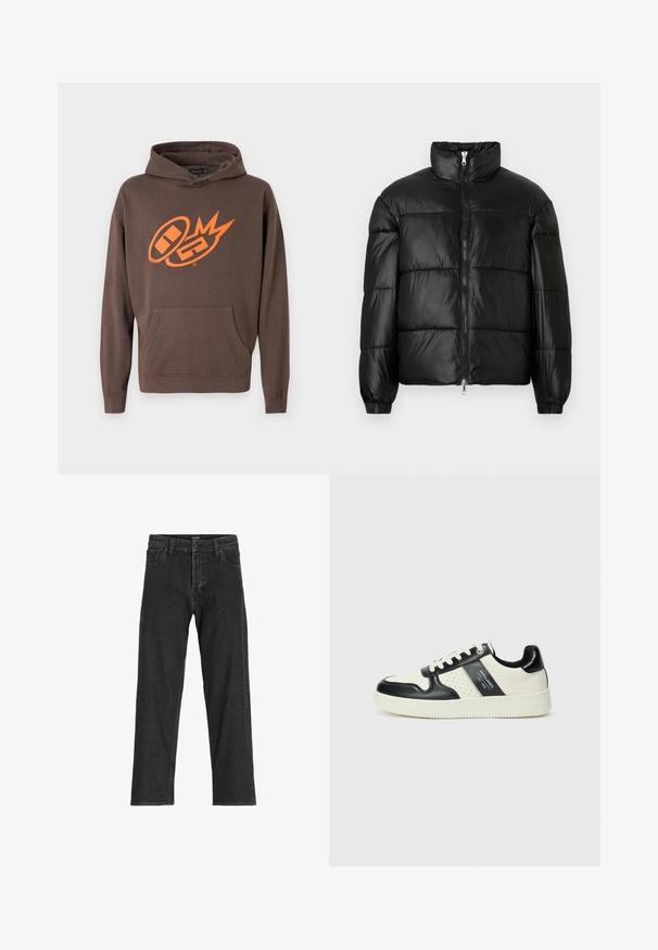 Svart puffjacka med hög krage, dragkedja fram, kviltat mönster, elastiska ärmslut och en blänkande, slät ytfinish.; Night Addict Luvtröja - brown washed; Svarta denimjeans med rak passform, featuring dragkedja, bälteslöljer och sex fickor, tillverkade av en kraftig bomullsblandning.; Läder sneakers med en svart och krämfärgad färgsättning, med perforerade detaljer, en vadderad krage och en strukturerad yttersula.