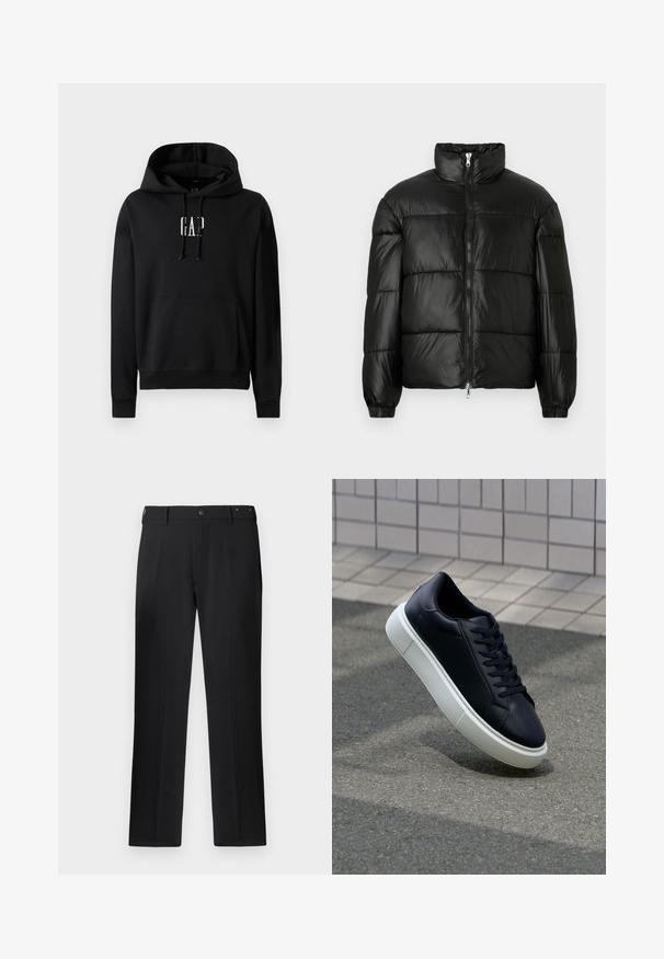 Svart pufferjakke med høy krage, glidelås foran, quiltet design, elastiske mansjetter og blank, glatt stofffinish.; Svart hettegenser laget av fleece, med frontlomme, ribbede ermer og en hvit "GAP" logo på brystet.; Svarte bukser med rett ben-design, knappelukking og belteholdere, med en glatt tekstur og uten synlige mønstre eller detaljer.; Sorte skinnsneakers med rund tå og hvit gummisåle. Har flate lisser og minimal søm på overdelen. Strukturert såle for grep.